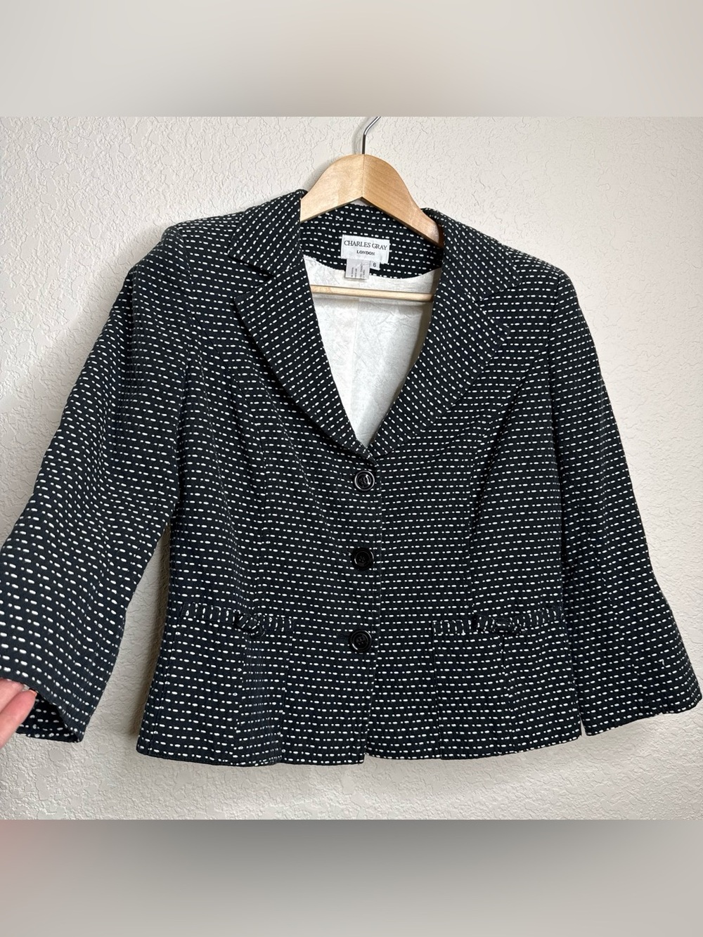 Charles Gray London Black White Dot Cropped Blazer Size 6 Made in England Office